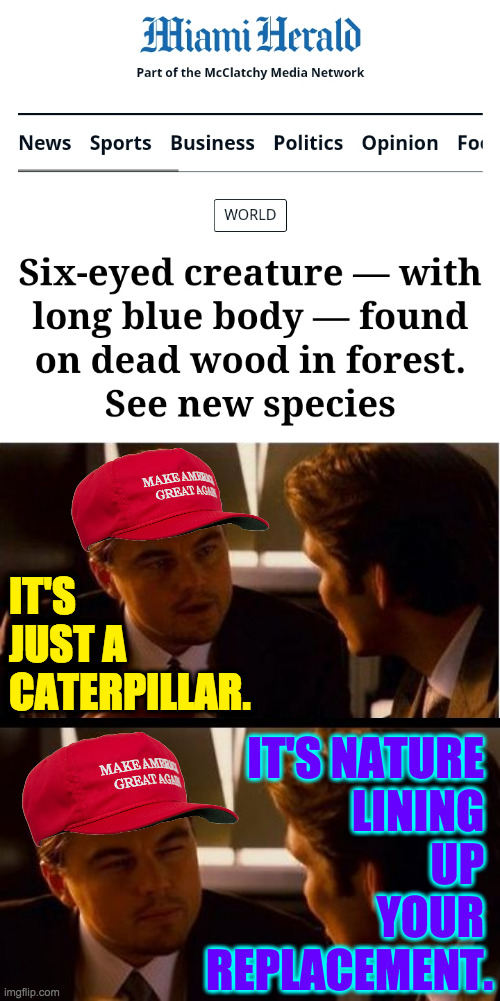 Evolution making the world great again. | IT'S
JUST A
CATERPILLAR. IT'S NATURE 
LINING 
UP 
YOUR 
REPLACEMENT. | image tagged in memes,inception,republicans,evolution | made w/ Imgflip meme maker