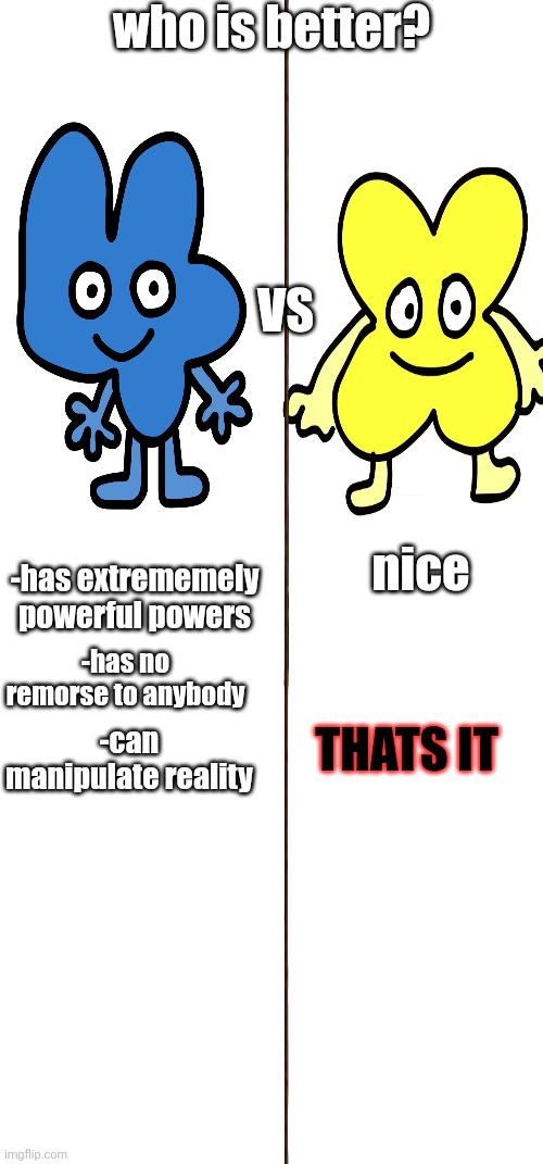 who is better? VS; nice; -has extrememely powerful powers; -has no remorse to anybody; THATS IT; -can manipulate reality | made w/ Imgflip meme maker