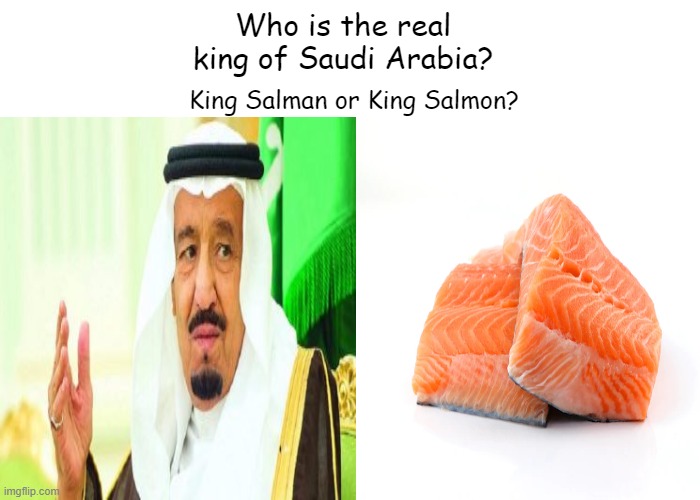 Who is the real king of Saudi Arabia? | Who is the real king of Saudi Arabia? King Salman or King Salmon? | image tagged in saudi arabia,salmon | made w/ Imgflip meme maker
