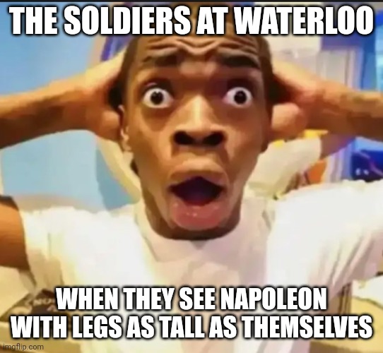 Surprised Black Guy | THE SOLDIERS AT WATERLOO WHEN THEY SEE NAPOLEON WITH LEGS AS TALL AS THEMSELVES | image tagged in surprised black guy | made w/ Imgflip meme maker