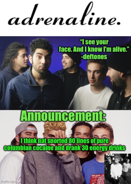 adrenaline announcement | I think nat snorted 80 lines of pure columbian cocaine and drank 30 energy drinks | image tagged in adrenaline announcement | made w/ Imgflip meme maker