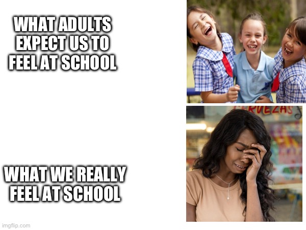 School is evil | WHAT ADULTS EXPECT US TO FEEL AT SCHOOL; WHAT WE REALLY FEEL AT SCHOOL | image tagged in school,fun,memes,school sucks | made w/ Imgflip meme maker