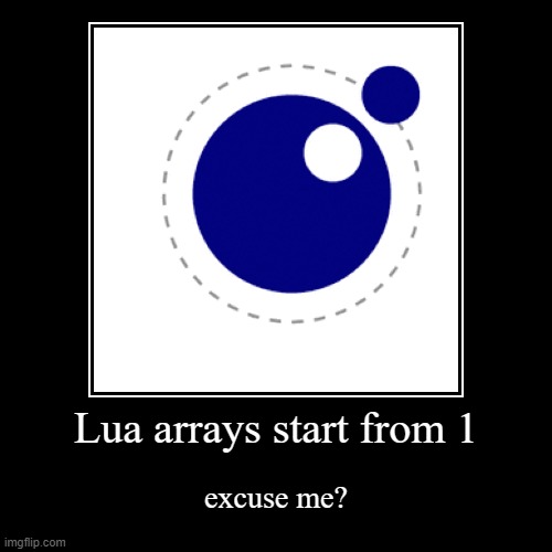 Lua be like | Lua arrays start from 1 | excuse me? | image tagged in funny,demotivationals | made w/ Imgflip demotivational maker