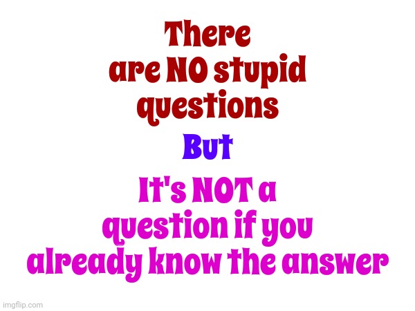 Question Everything You Don't Already Know | There are NO stupid questions; But; It's NOT a question if you already know the answer | image tagged in questions,curiosity,learning,thinking,knowing,memes | made w/ Imgflip meme maker