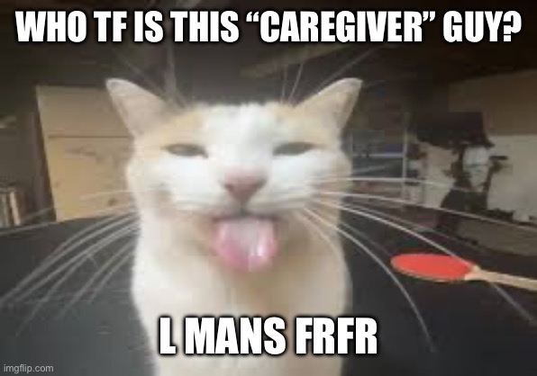 Cat | WHO TF IS THIS “CAREGIVER” GUY? L MANS FRFR | image tagged in cat | made w/ Imgflip meme maker