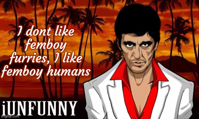 iUnFunny's Scarface template | I dont like femboy furries, I like femboy humans | image tagged in iunfunny's scarface template | made w/ Imgflip meme maker