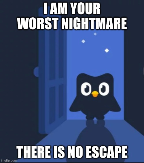 when you forgot your sanish lesson at 3am | I AM YOUR WORST NIGHTMARE; THERE IS NO ESCAPE | image tagged in duolingo bird,3am | made w/ Imgflip meme maker