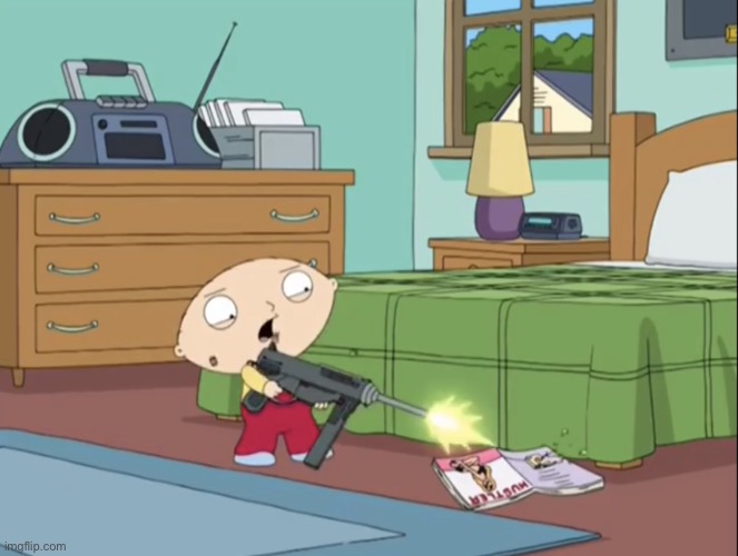 Stewie shooting magazine | image tagged in stewie shooting magazine | made w/ Imgflip meme maker