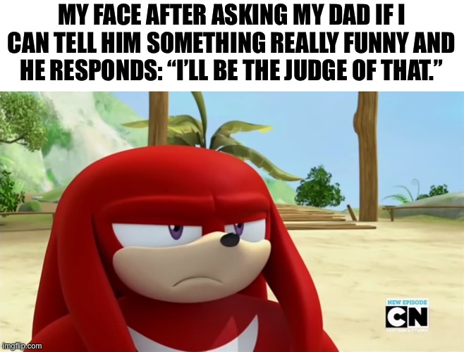 my dad thinks he’s so funny | MY FACE AFTER ASKING MY DAD IF I CAN TELL HIM SOMETHING REALLY FUNNY AND HE RESPONDS: “I’LL BE THE JUDGE OF THAT.” | image tagged in knuckles is not impressed - sonic boom,funny,meme,for real,real life | made w/ Imgflip meme maker