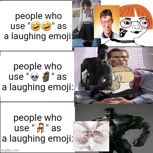 thing | people who use "🤣🤣" as a laughing emoji:; people who use "💀🗿" as a laughing emoji:; people who use "🪑" as a laughing emoji: | image tagged in spongebob strong | made w/ Imgflip meme maker