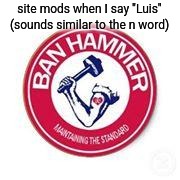 ban hammer | site mods when I say "Luis" (sounds similar to the n word) | image tagged in ban hammer | made w/ Imgflip meme maker