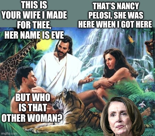 THIS IS YOUR WIFE I MADE FOR THEE, HER NAME IS EVE; THAT’S NANCY PELOSI, SHE WAS HERE WHEN I GOT HERE; BUT WHO IS THAT OTHER WOMAN? | image tagged in nancy pelosi,maga,republicans,donald trump,politics | made w/ Imgflip meme maker