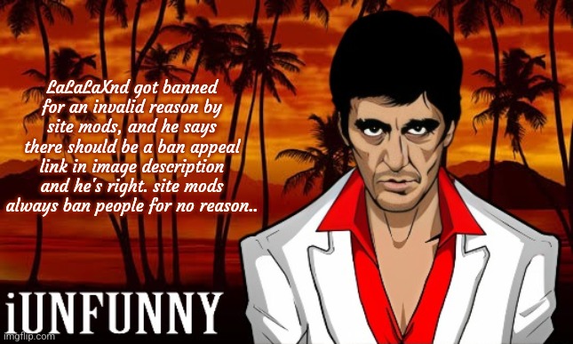 iUnFunny's Scarface template | LaLaLaXnd got banned for an invalid reason by site mods, and he says there should be a ban appeal link in image description and he's right. site mods always ban people for no reason.. | image tagged in iunfunny's scarface template | made w/ Imgflip meme maker