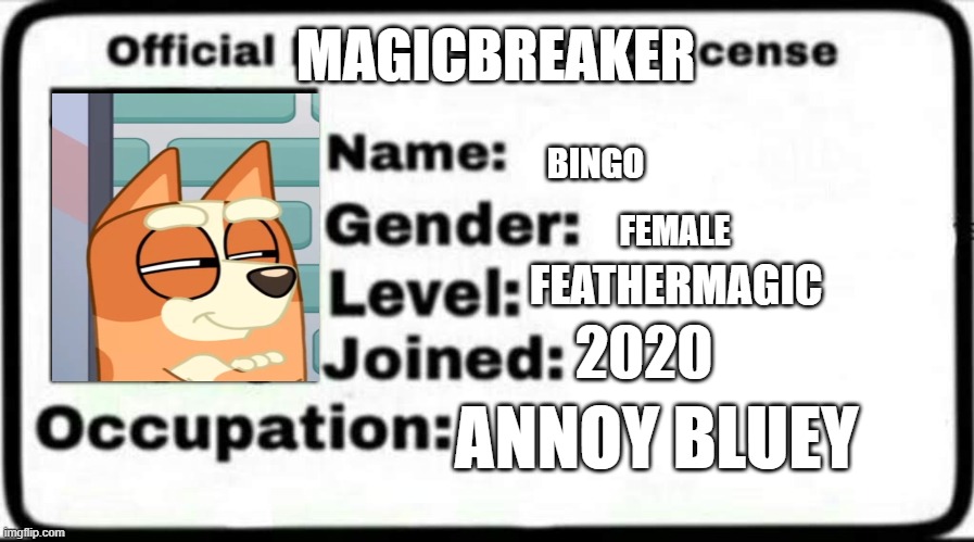 bluey-where is your license | MAGICBREAKER; BINGO; FEMALE; FEATHERMAGIC; 2020; ANNOY BLUEY | image tagged in meme stealing license,memes,apocalypse bingo,magic | made w/ Imgflip meme maker