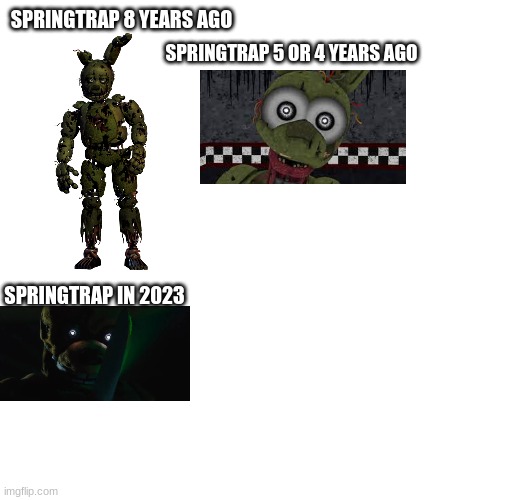 SPRINGTRAP 8 YEARS AGO SPRINGTRAP 5 OR 4 YEARS AGO SPRINGTRAP IN 2023 | made w/ Imgflip meme maker