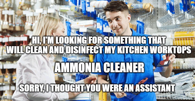 shopper | HI, I'M LOOKING FOR SOMETHING THAT WILL CLEAN AND DISINFECT MY KITCHEN WORKTOPS; AMMONIA CLEANER; SORRY, I THOUGHT YOU WERE AN ASSISTANT | made w/ Imgflip meme maker