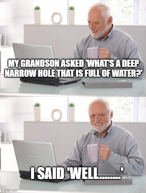 kids | MY GRANDSON ASKED 'WHAT'S A DEEP NARROW HOLE THAT IS FULL OF WATER?'; I SAID 'WELL........' | image tagged in old man cup of coffee | made w/ Imgflip meme maker