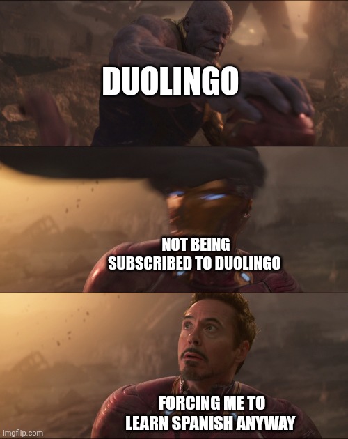 I'm not even subscribed to Duolingo | DUOLINGO; NOT BEING SUBSCRIBED TO DUOLINGO; FORCING ME TO LEARN SPANISH ANYWAY | image tagged in thanos iron-man helmet | made w/ Imgflip meme maker