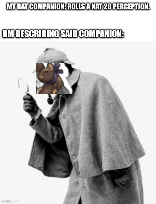 Detective Ratcheal | MY RAT COMPANION: ROLLS A NAT 20 PERCEPTION. DM DESCRIBING SAID COMPANION: | image tagged in detective,dungeons and dragons | made w/ Imgflip meme maker