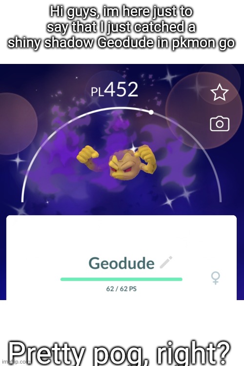 Wow :O | Hi guys, im here just to say that I just catched a shiny shadow Geodude in pkmon go; Pretty pog, right? | image tagged in wait what,pokemon go,yooooo,lucky | made w/ Imgflip meme maker