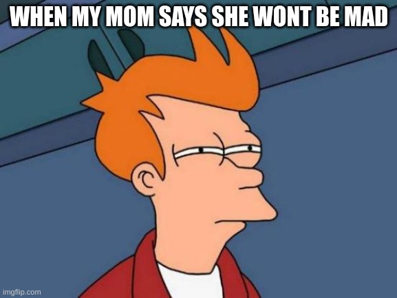 Futurama Fry Meme | WHEN MY MOM SAYS SHE WONT BE MAD | image tagged in memes,futurama fry | made w/ Imgflip meme maker