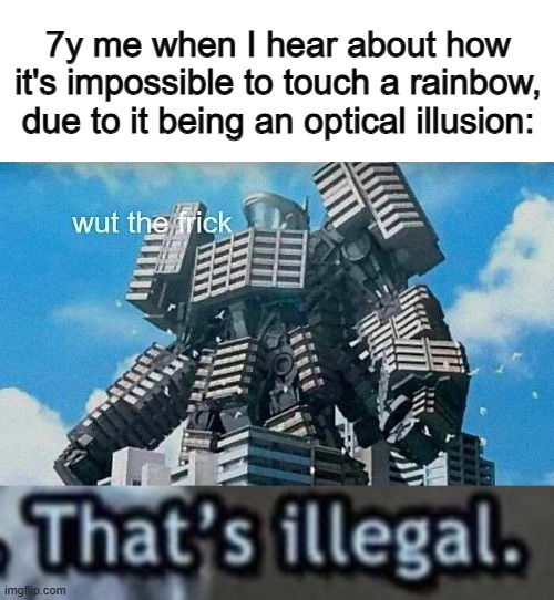 Back then, I could NEVER wrap my head around this fact @_@ | 7y me when I hear about how it's impossible to touch a rainbow, due to it being an optical illusion: | image tagged in wut the frick,wait that s illegal,mr incredible becoming uncanny 1st extension | made w/ Imgflip meme maker