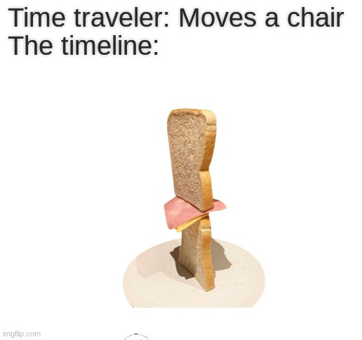 Blank White Template | Time traveler: Moves a chair 
The timeline: | image tagged in blank white template | made w/ Imgflip meme maker