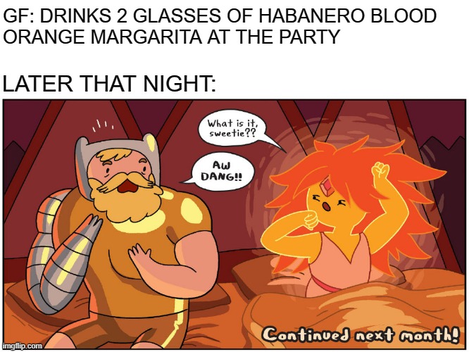 Spicy Drink | GF: DRINKS 2 GLASSES OF HABANERO BLOOD 
ORANGE MARGARITA AT THE PARTY; LATER THAT NIGHT: | image tagged in morning,funny,relatable,adventure time,memes,dank memes | made w/ Imgflip meme maker