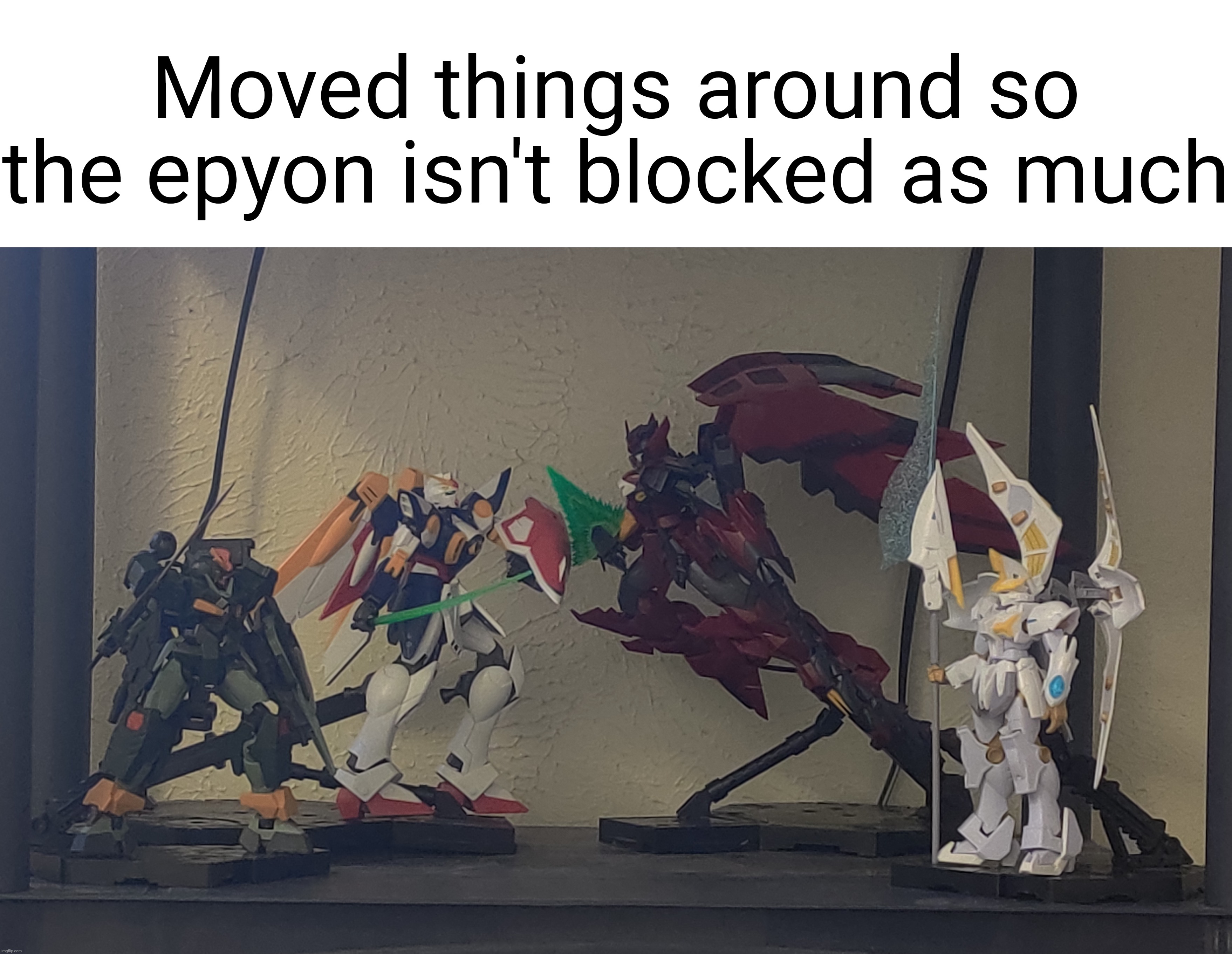 I still LOVE how the 00 command quanta turned out. There are unique Gundams, but then there's the command quanta | Moved things around so the epyon isn't blocked as much | made w/ Imgflip meme maker