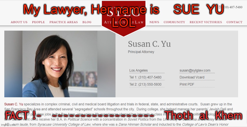 Michael Jackson's Lawyer-& Mine | My Lawyer, Her name is    SUE  YU

LOL; FACT !~   ~~~~~~~~~~~~~~~~~~   Thoth  al  Khem | image tagged in we met at her parents deli,she always wins,helped me immensely,sue you  lol,what a name | made w/ Imgflip meme maker