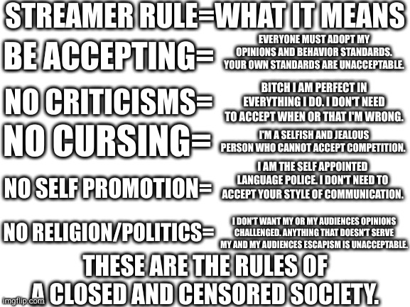 rules for thee not for me | STREAMER RULE=WHAT IT MEANS; EVERYONE MUST ADOPT MY OPINIONS AND BEHAVIOR STANDARDS. YOUR OWN STANDARDS ARE UNACCEPTABLE. BE ACCEPTING=; NO CRITICISMS=; BITCH I AM PERFECT IN EVERYTHING I DO. I DON'T NEED TO ACCEPT WHEN OR THAT I'M WRONG. NO CURSING=; I'M A SELFISH AND JEALOUS PERSON WHO CANNOT ACCEPT COMPETITION. I AM THE SELF APPOINTED LANGUAGE POLICE. I DON'T NEED TO ACCEPT YOUR STYLE OF COMMUNICATION. NO SELF PROMOTION=; NO RELIGION/POLITICS=; I DON'T WANT MY OR MY AUDIENCES OPINIONS CHALLENGED. ANYTHING THAT DOESN'T SERVE MY AND MY AUDIENCES ESCAPISM IS UNACCEPTABLE. THESE ARE THE RULES OF A CLOSED AND CENSORED SOCIETY. | image tagged in blank white template | made w/ Imgflip meme maker