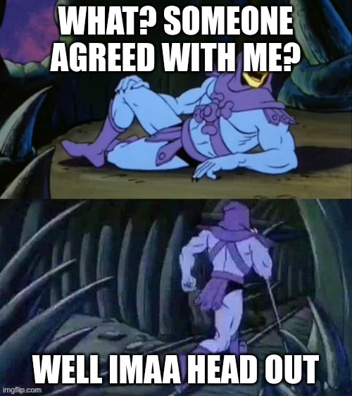 Skeletor disturbing facts | WHAT? SOMEONE AGREED WITH ME? WELL IMAA HEAD OUT | image tagged in skeletor disturbing facts | made w/ Imgflip meme maker