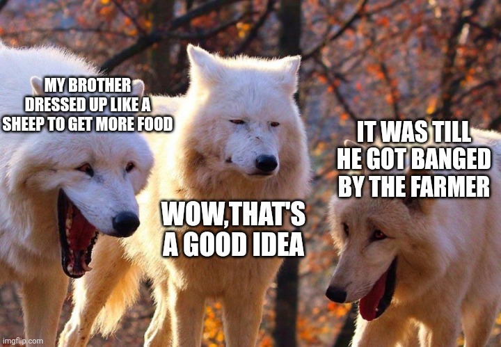 2/3 wolves laugh | MY BROTHER DRESSED UP LIKE A SHEEP TO GET MORE FOOD; IT WAS TILL HE GOT BANGED BY THE FARMER; WOW,THAT'S A GOOD IDEA | image tagged in 2/3 wolves laugh | made w/ Imgflip meme maker