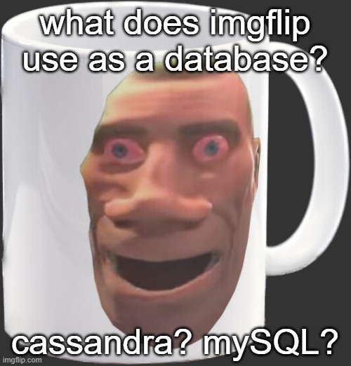 I want to know | what does imgflip use as a database? cassandra? mySQL? | image tagged in weed mug | made w/ Imgflip meme maker