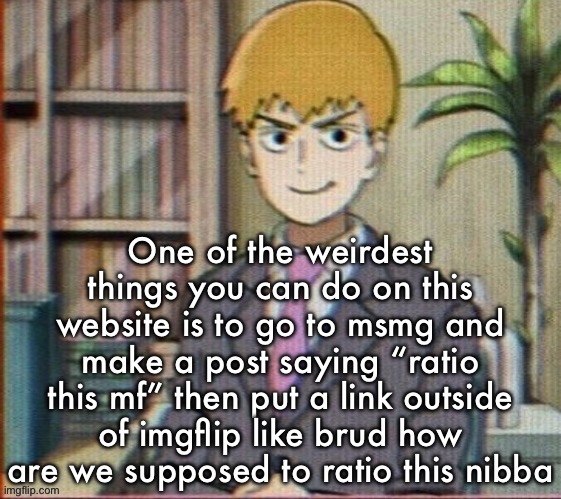 Yes I mean you whoever posted that I forgot what your user is | One of the weirdest things you can do on this website is to go to msmg and make a post saying “ratio this mf” then put a link outside of imgflip like brud how are we supposed to ratio this nibba | image tagged in reigen arataka | made w/ Imgflip meme maker