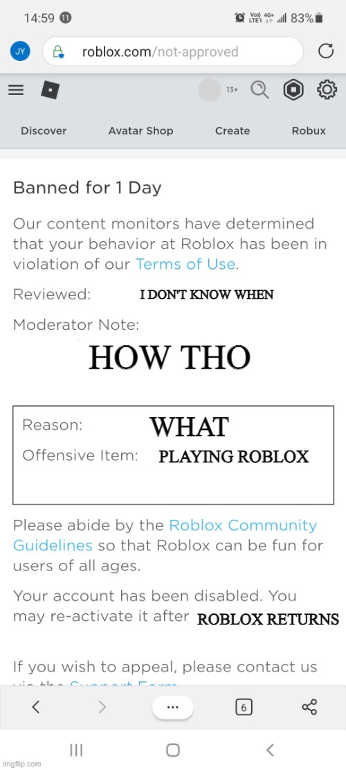 WAIT WHAT | I DON'T KNOW WHEN; HOW THO; WHAT; PLAYING ROBLOX; ROBLOX RETURNS | image tagged in banned from roblox new interface | made w/ Imgflip meme maker