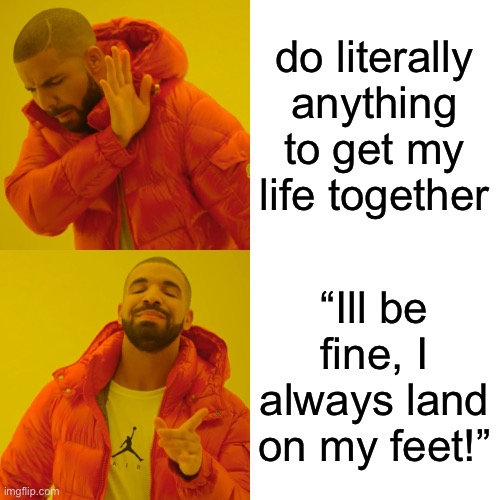 me fr | do literally anything to get my life together; “Ill be fine, I always land on my feet!” | image tagged in memes,drake hotline bling | made w/ Imgflip meme maker