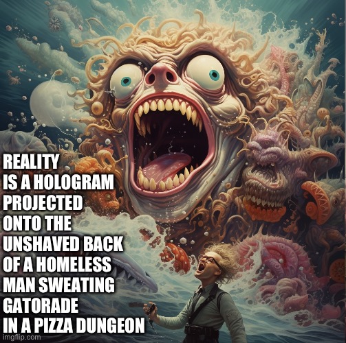 Reality | REALITY IS A HOLOGRAM PROJECTED ONTO THE UNSHAVED BACK OF A HOMELESS MAN SWEATING GATORADE IN A PIZZA DUNGEON | image tagged in homeless man sweating gatorade in a pizza dungeon | made w/ Imgflip meme maker