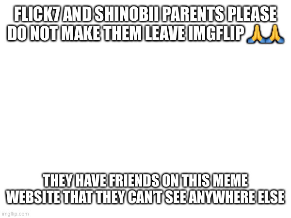 PLEASE | FLICK7 AND SHINOBII PARENTS PLEASE DO NOT MAKE THEM LEAVE IMGFLIP 🙏🙏; THEY HAVE FRIENDS ON THIS MEME WEBSITE THAT THEY CAN’T SEE ANYWHERE ELSE | made w/ Imgflip meme maker