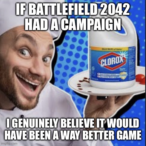 Chef serving clorox | IF BATTLEFIELD 2042
HAD A CAMPAIGN; I GENUINELY BELIEVE IT WOULD
HAVE BEEN A WAY BETTER GAME | image tagged in chef serving clorox | made w/ Imgflip meme maker