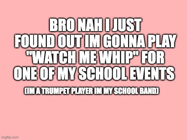 im dead | BRO NAH I JUST FOUND OUT IM GONNA PLAY "WATCH ME WHIP" FOR ONE OF MY SCHOOL EVENTS; (IM A TRUMPET PLAYER IM MY SCHOOL BAND) | image tagged in school | made w/ Imgflip meme maker