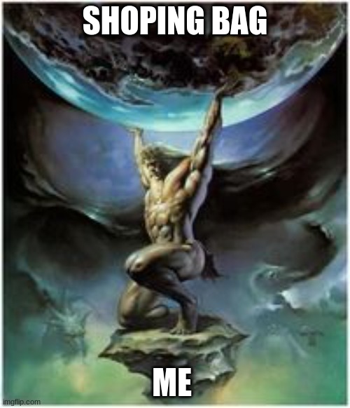 Atlas holding Earth | SHOPING BAG; ME | image tagged in atlas holding earth | made w/ Imgflip meme maker