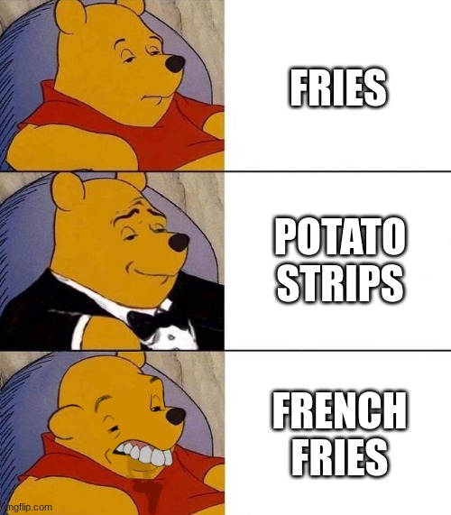 THEY ARE NOT FRENCH | FRIES; POTATO STRIPS; FRENCH FRIES | image tagged in best better blurst | made w/ Imgflip meme maker