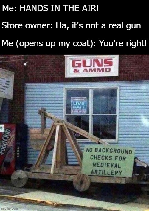 Me: HANDS IN THE AIR! Store owner: Ha, it's not a real gun; Me (opens up my coat): You're right! | image tagged in funny | made w/ Imgflip meme maker