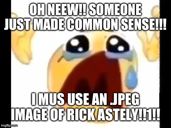 cursed crying emoji | OH NEEW!! SOMEONE JUST MADE COMMON SENSE!!! I MUS USE AN .JPEG IMAGE OF RICK ASTELY!!1!! | image tagged in cursed crying emoji | made w/ Imgflip meme maker