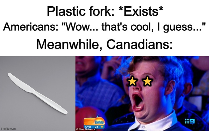 Since plastic knives aren't allowed in Canada, I collect these whenever I can :) | Plastic fork: *Exists*; Americans: "Wow... that's cool, I guess..."; Meanwhile, Canadians:; ⭐ ⭐ | image tagged in amazed magikarp | made w/ Imgflip meme maker