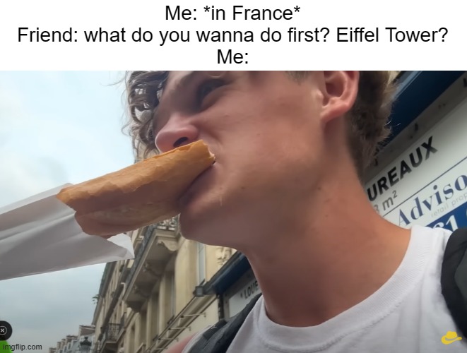 Meme #3,409 | Me: *in France*
Friend: what do you wanna do first? Eiffel Tower?
Me: | image tagged in memes,funny,france,baguette,true,see | made w/ Imgflip meme maker