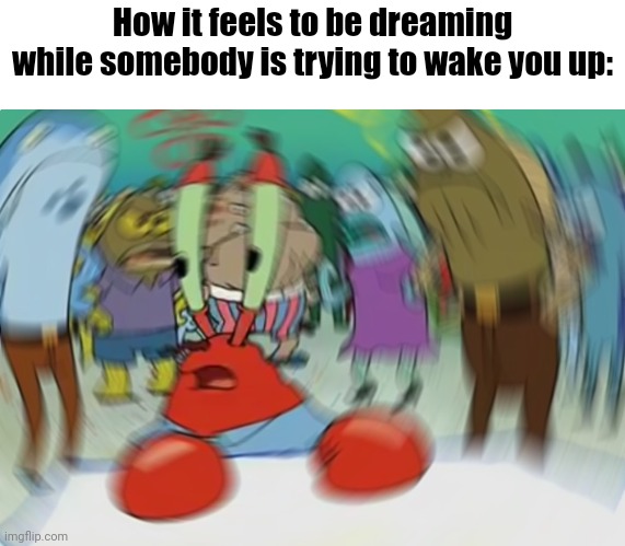 It feels like there's an earthquake | How it feels to be dreaming while somebody is trying to wake you up: | image tagged in memes,mr krabs blur meme,funny,sleep,dream,mr krabs | made w/ Imgflip meme maker