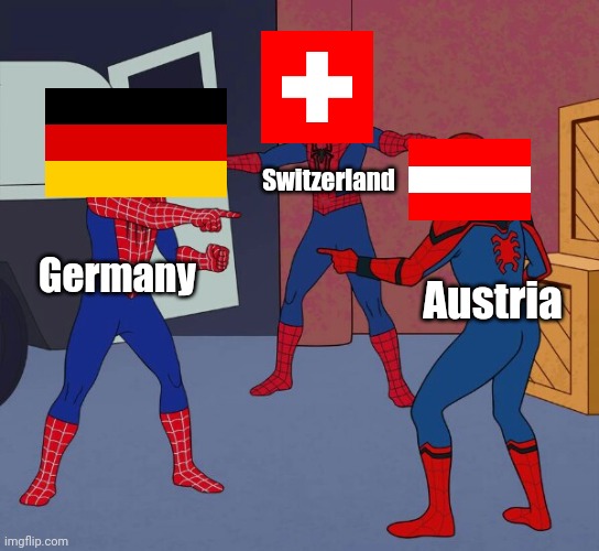 They have German as its main language and I understand a bit of this language | Switzerland; Germany; Austria | image tagged in spider man triple,memes,germany,switzerland,austria,funny | made w/ Imgflip meme maker