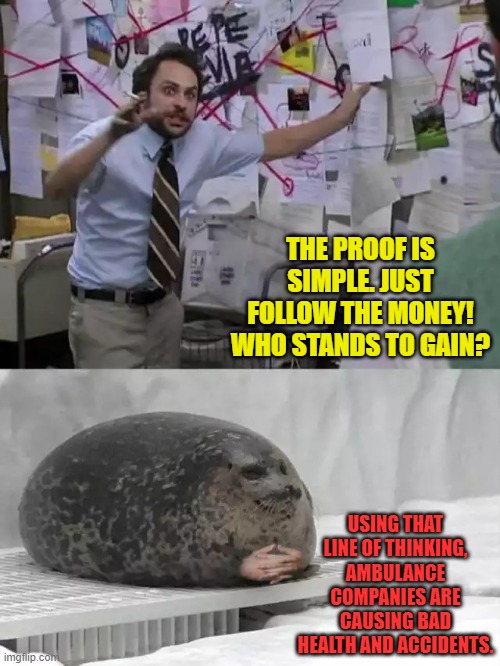 Conspiracy Theorist | THE PROOF IS SIMPLE. JUST FOLLOW THE MONEY! WHO STANDS TO GAIN? USING THAT LINE OF THINKING, AMBULANCE COMPANIES ARE CAUSING BAD HEALTH AND ACCIDENTS. | image tagged in man explaining to seal,conspiracy theories,it's a conspiracy,memes | made w/ Imgflip meme maker